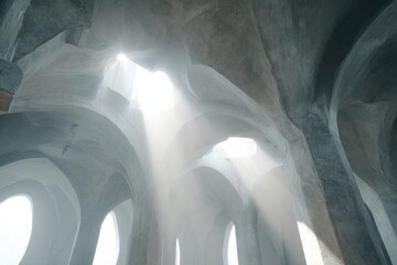 Light streams through arched openings in a textured interior space.