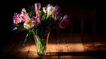 A bouquet of alstroemeria flowers in a vase, illuminated by sunlight.