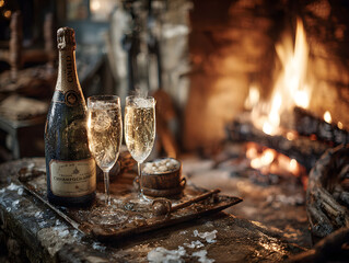 Champagne chilling by the fire