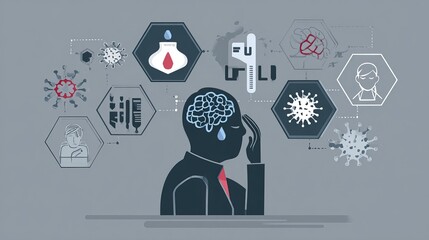 Conceptual visualization of flu symptoms with virus particles and prevention icons. Medical and health theme illustrating infection control.