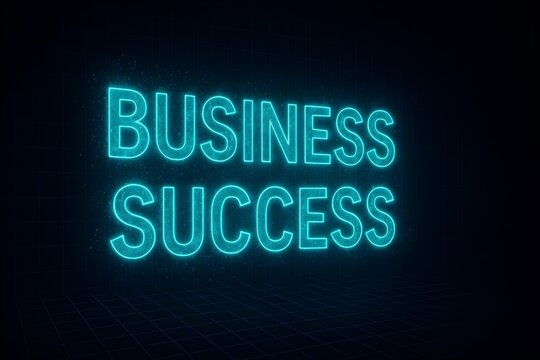 Digital Neon Text Illustration &ndash; "Business Success" Formed from Vibrant Turquoise Particles with Electric Blue Wireframe Lines and Pulsing Grid Background
