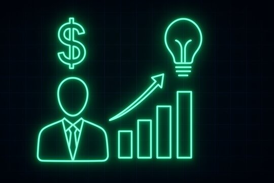 Digital Neon Corporate Illustration &ndash; Stylized Businessperson with Glowing Green Contour, Shining Dollar Symbol, Ascending Bar Graph, Growth Arrow and Idea Lightbulb on Subtle Electric Blue Grid
