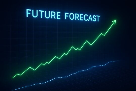 Digital Futuristic Financial Projection Illustration &ndash; Neon Green Line Chart Rising Over Electric Blue Grid with Glowing Dotted Future Forecast Graph and Modern Title
