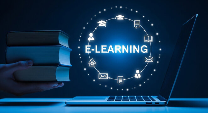 Photo of online education concept showing books and laptop representing digital learning and knowledge access - Powered by Adobe