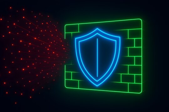 Digital Neon Cybersecurity Shield Illustration &ndash; Electric Blue Stylized Shield with Intense Green Virtual Firewall and Red Glowing Particles Repelled for Cyber Protection
