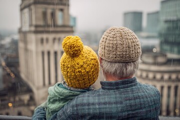Elderly couple gazing at the cityscape during a rainstorm.