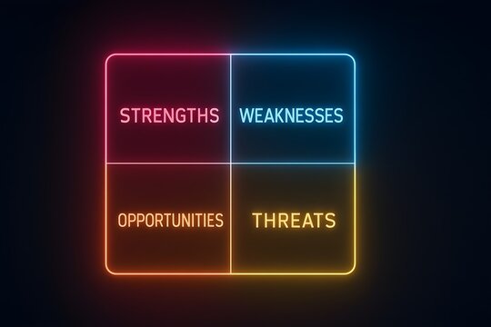 Digital Neon SWOT Analysis Diagram Illustration &ndash; Four Segments in Vibrant Glowing Colors with Electric White Lines and Modern Font Labels for Strengths, Weaknesses, Opportunities, Threats
