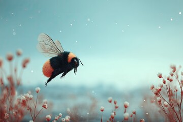 A bee in flight amidst delicate winter flowers.