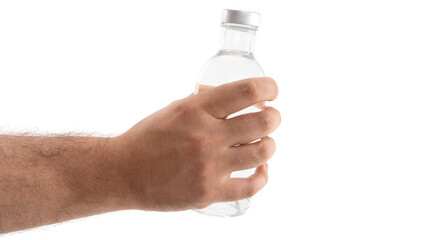 Hand holding a clear glass bottle of water against a plain background showcasing hydration and...