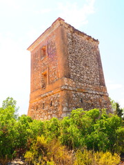Requena,19th century telegraph tower in Mediterranean countryside, historic communication building...