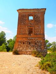 Requena,19th century telegraph tower in Mediterranean countryside, historic communication building...