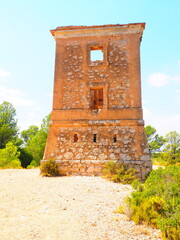 Requena,19th century telegraph tower in Mediterranean countryside, historic communication building...