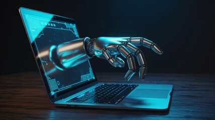 Futuristic robotic hand emerging from laptop screen, symbolizing AI, technology, and innovation in digital world