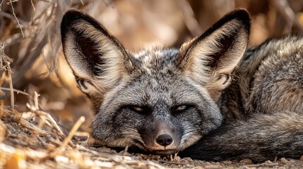 Intense gaze of a wild fox resting in dry brush, its sharp eyes conveying a primal alertness and captivating wild beauty