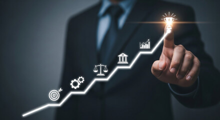 Photo of a businessman points to a glowing lightbulb atop a rising arrow representing business growth and success