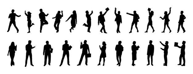 Diverse group of people in various poses and actions silhouettes collection