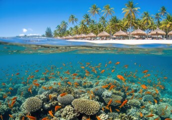 Split view of a tropical beach with palm trees and thatched umbrellas above and vibrant coral reef with fish underwater