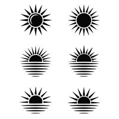 Fototapeta premium Set of minimalist black and white icons depicting the sun, sunrise over water, and sunset over horizon