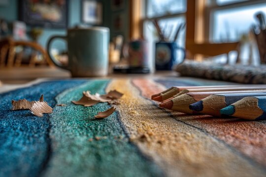 Close-up of colorful pencils on a wooden table with art supplies in background creates a colorful atmosphere, inviting creativity and artistic expression.