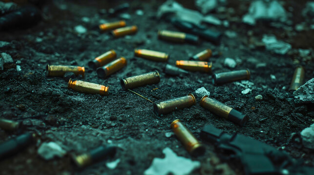 Spent bullet casings on the ground, a gritty and atmospheric scene of war and conflict, forensic evidence from a crime scene of urban street violence