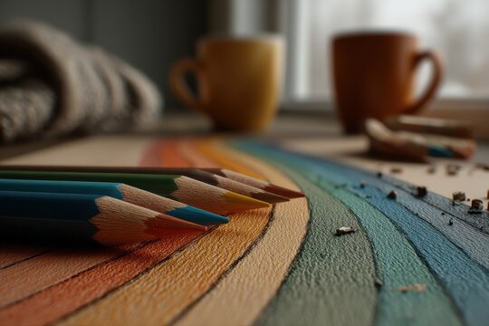 Close-up shot of colored pencils resting on a rainbow drawing, with cups in the background, suggesting creativity and a cozy, artistic atmosphere.