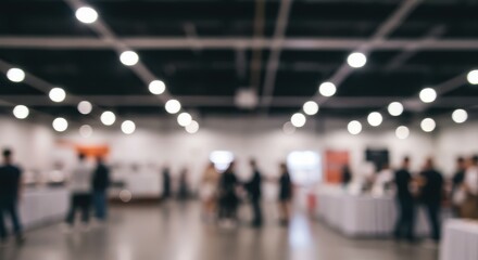 Blurred view of people in a convention hall with bright ceiling lights and exhibition stands visible