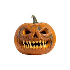 Halloween carved pumpkin jack o lantern with scary face isolated on white background, spooky autumn holiday decoration