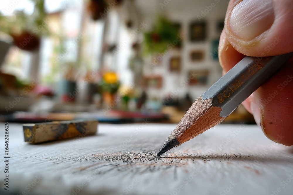 Poster close-up of a person sketching with a pencil on paper, creating artistic details, with a blurred bac