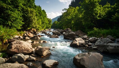 Mountain stream flowing through lush forest (1)
