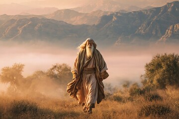 An elderly man with a long gray beard walking on a mountain path, dressed in light-colored clothes and a hood, creating a mystical image of a biblical prophet walking into the unknown