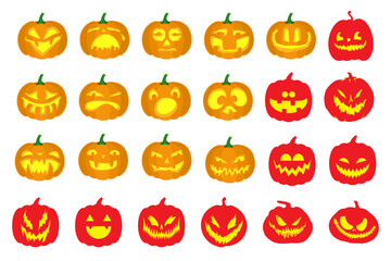 Collection of Halloween pumpkins with carved faces, orange and red colors, suitable for seasonal designs and decorations, originally from vector graphics