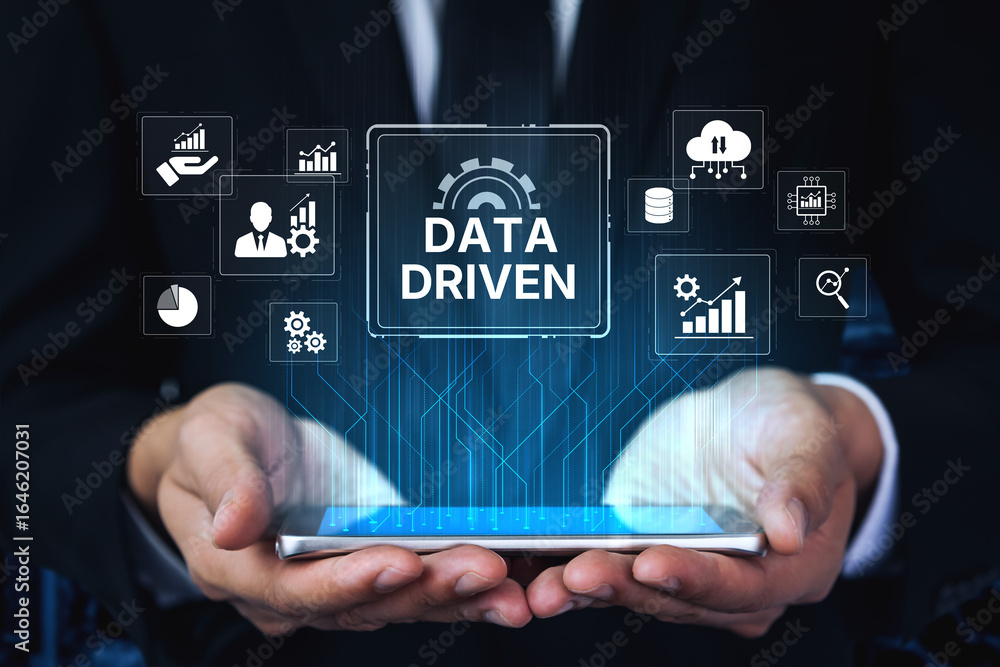 Poster data-driven decision-making empowers business through analytics, datum collection, and ai systems. d