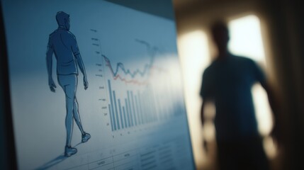 Medium shot centered on a son mapping out daily exercise and diet changes on a chart with the fathers supportive silhouette blurred behind symbolizing commitment to reversing