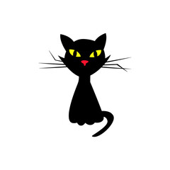 Stylized black cat with yellow eyes and red nose is perfect for Halloween designs and spooky season promotional materials with a modern, minimalist aesthetic