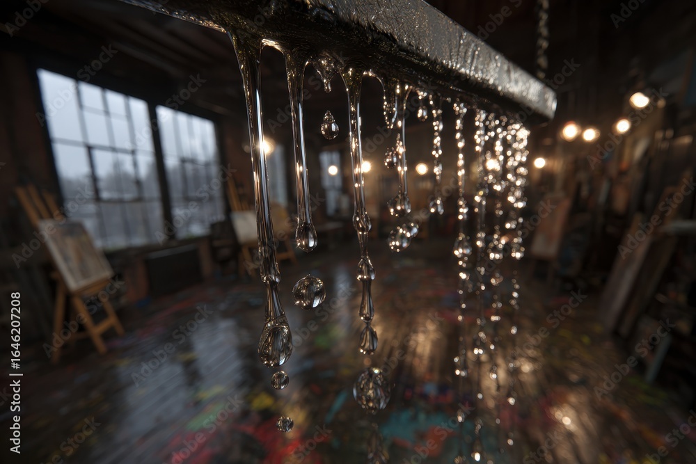 Poster A mesmerizing view of water droplets hanging from a metallic surface in an art studio, reflecting light and colors in the artistic space creating a unique visual effect.