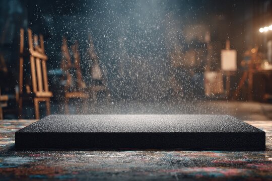 A moody and atmospheric artists studio backdrop featuring a dark platform, softly illuminated rain, easels, and subtle studio lighting for dramatic product presentations.