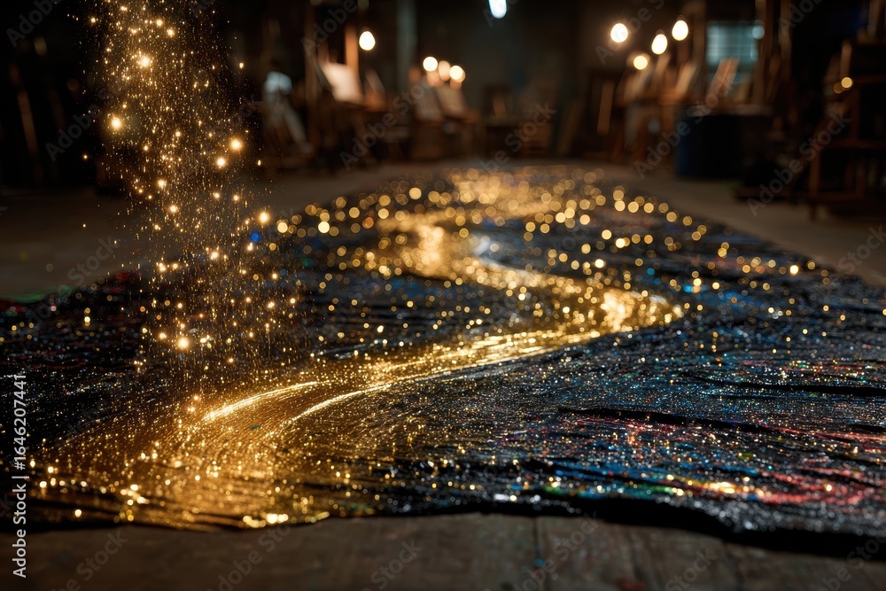 Poster a mesmerizing scene of golden light painting flowing like molten gold across a textured surface, cre
