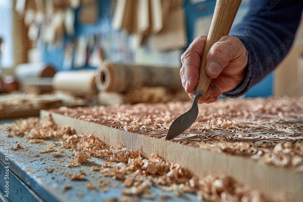 Poster close-up on a craftsman's hand carefully carving intricate patterns into a block of wood, surrounded