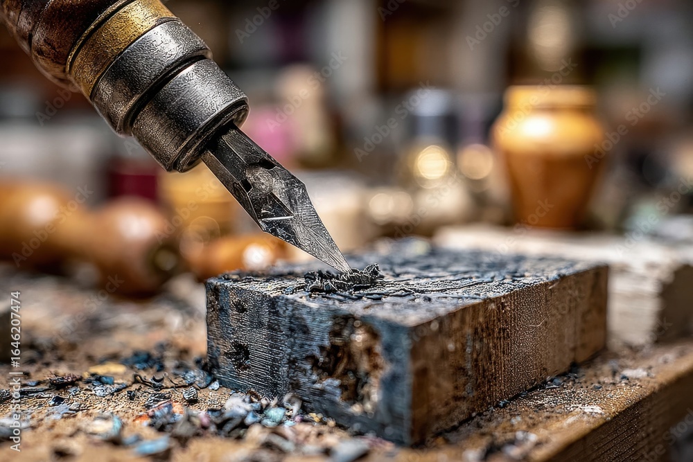 Poster close-up shot of linocut tool carving into wood block, capturing intricate detail and precision of c