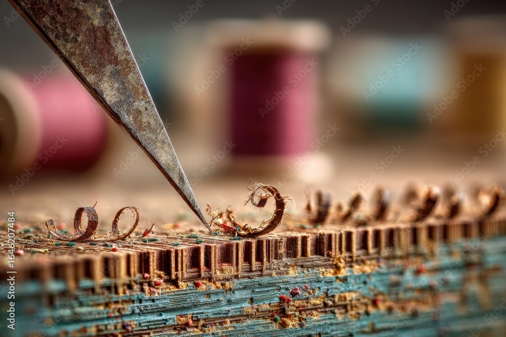 Poster extreme macro image of a craft knife tool touching the intricate edge of something colorful, against