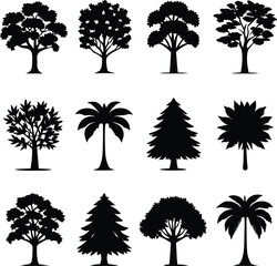tree, silhouette, collection, forest, nature, plant, woodland, park, environment, ecology, simple, solid, black, icon, set, vector