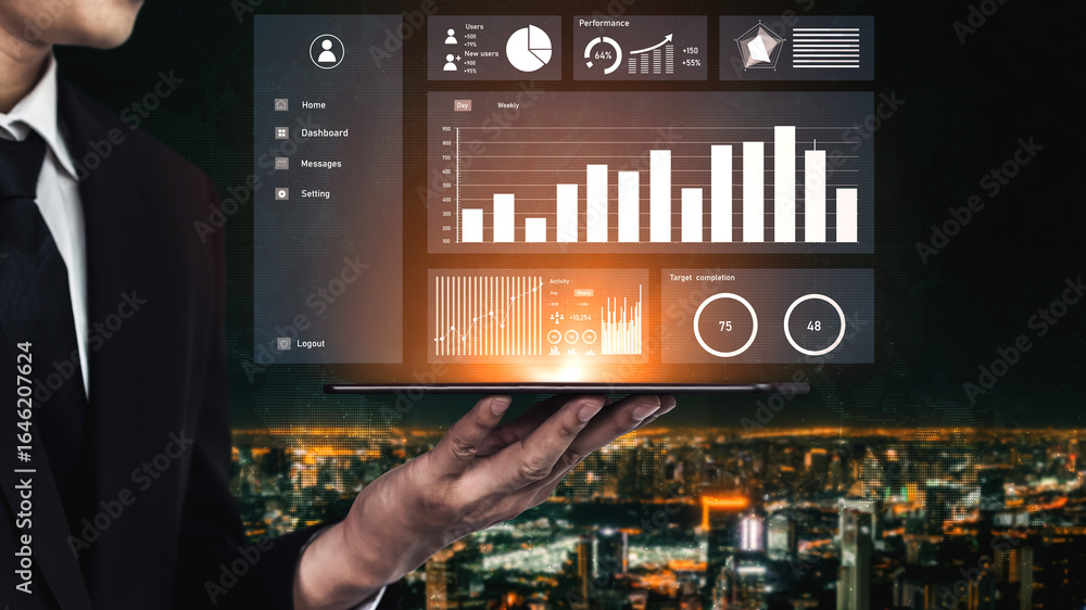 Aufkleber a business professional in a suit is holding a laptop displaying detailed data charts and graphs aga