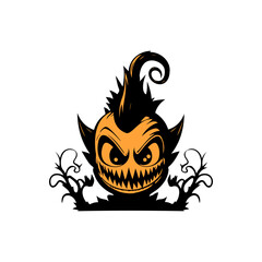 Spooky Halloween pumpkin monster with sharp teeth and glowing eyes, surrounded by dark branches, perfect for holiday designs and themes