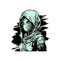 Stylized depiction of a masked figure in a hooded garment, rendered in a bold graphic style with striking black and light green tones, conveying mystery and resilience.