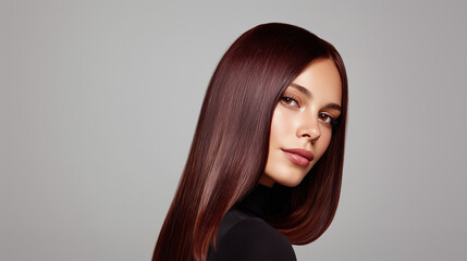 Young woman with sleek dark red hair on gray background
