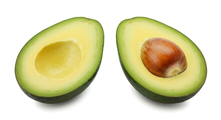 Fresh Cut Avocado Halves with Seed Isolated on Pure White