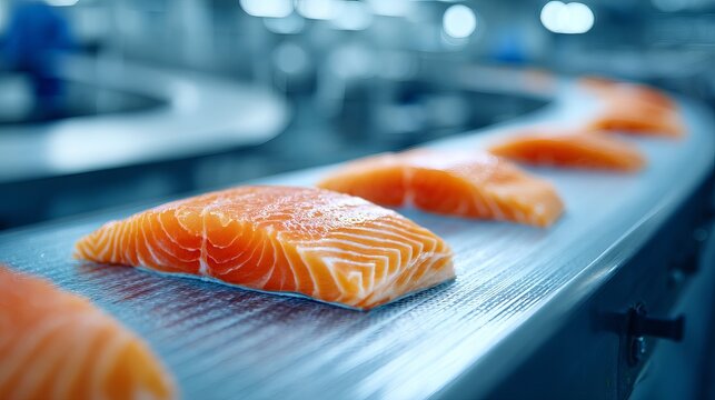 Fresh salmon fillets moving on a clean processing line, showcasing quality seafood production and healthy food preparation
