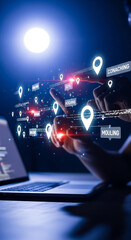 Photo of a person is interacting with a virtual interface on a laptop screen representing modern technology and digital communication