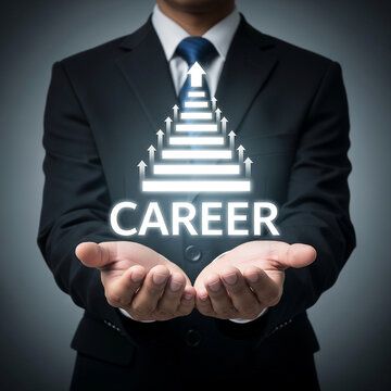Photo of a business man presents a career ladder with upward arrows symbolizing growth and opportunities for professional success