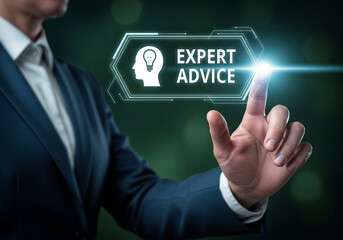 Photo of a business professional is pointing at a digital interface displaying expert advice for business growth and success